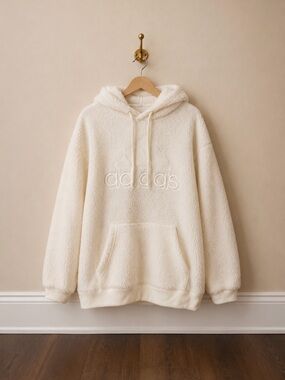 Adidas Cream Sherpa Teddy Fleece Hoodie XL Oversized Cozy